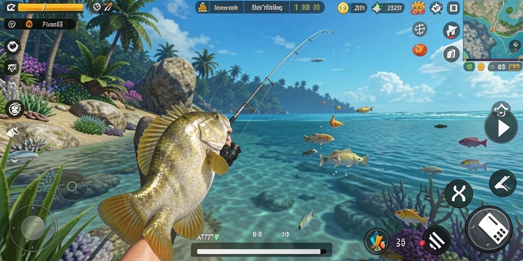 Tampilan gameplay AT777 dengan pemain memancing ikan di danau.
