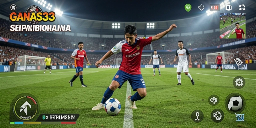 Screenshot gameplay GANAS33 yang penuh aksi sepak bola.